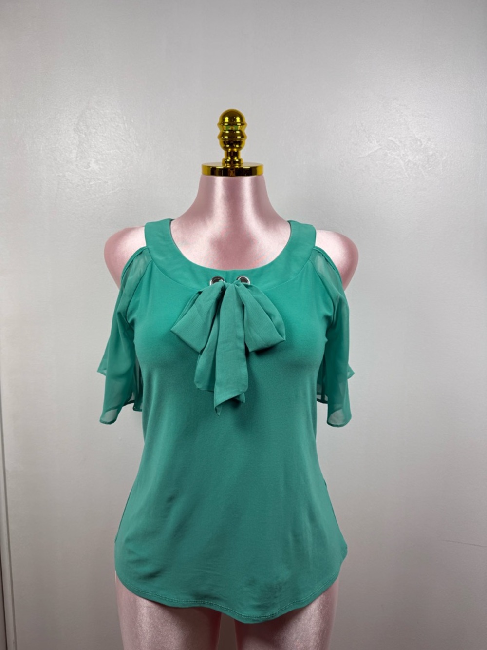 Ember Green Blouse Tie Neck Cold Shoulder Sheer Sleeve Feminine Top Size S